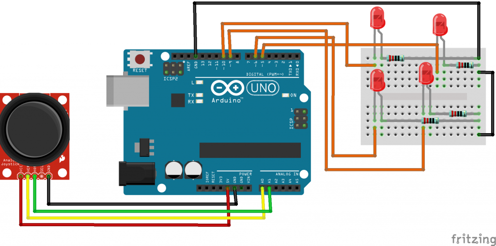 Circuit Diagram of Arduino Tutorial to Control LEDs using Joystick