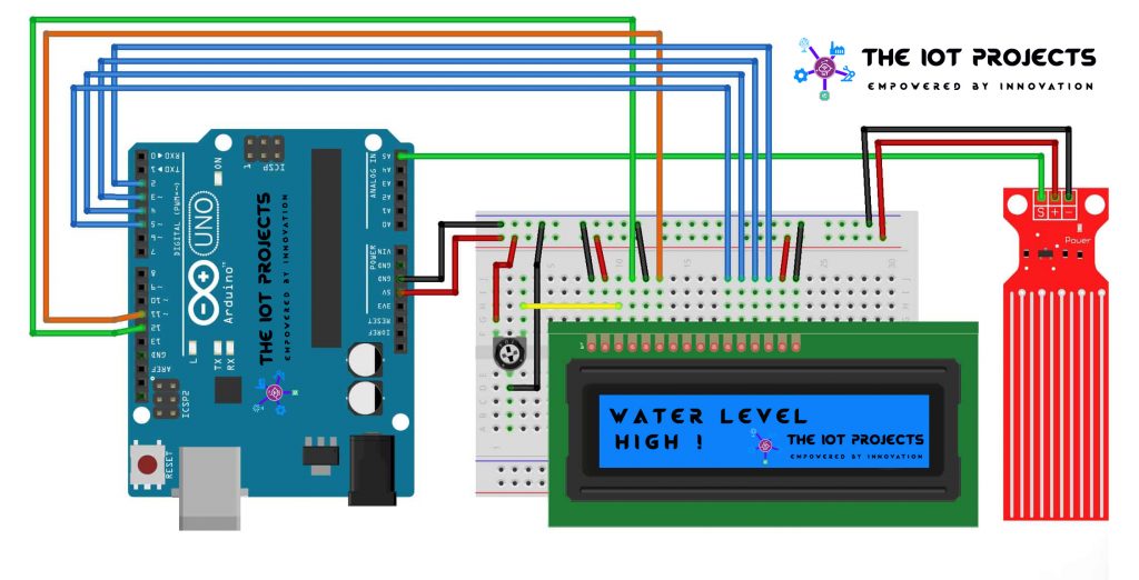 Circuit diagram of Arduino water level sensor with LCD Display