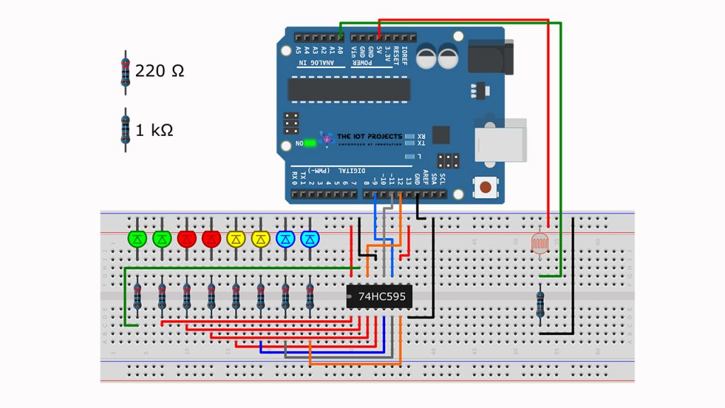 Schematic of  74HC595 IC, LEDs and LDR to Arduino 