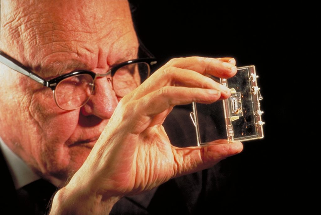 Jack Kilby is holding the first integrated circuit