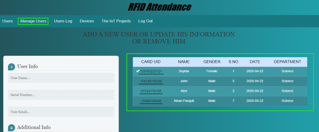 Manages Users for RFID Based Attenance System Using NodeMCU