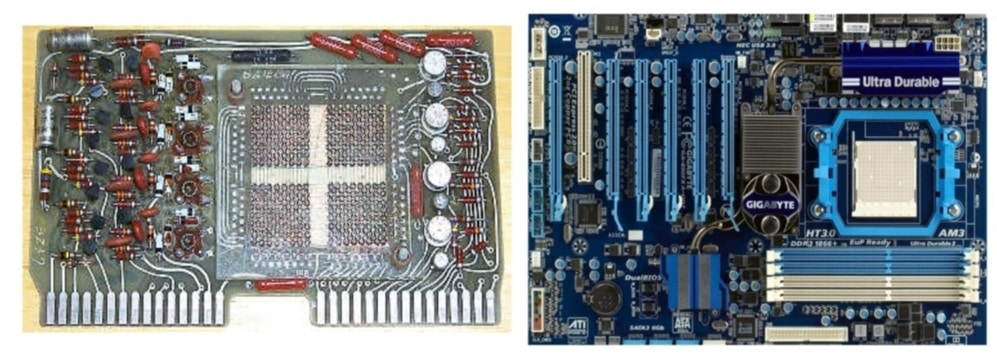 PCB comparison between an old calculator & today’s modern motherboards