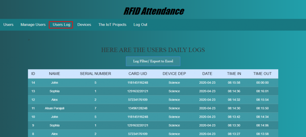 View Users log on RFID Based Attenance System Using NodeMCU