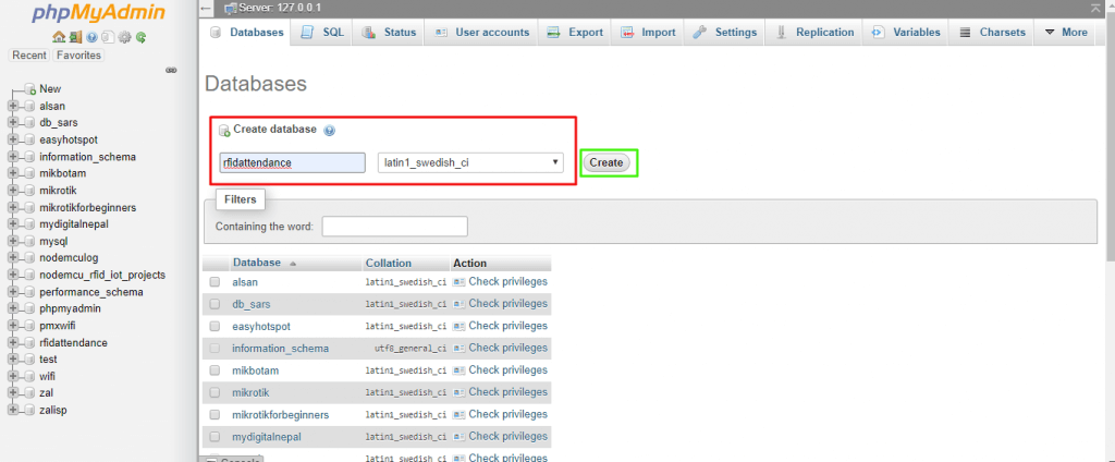 Ceating database with name rfidattendance
