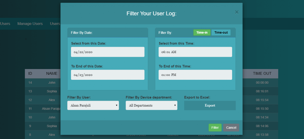 Filter Users Log to export to excel