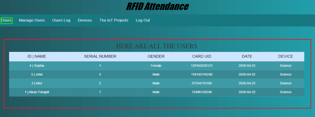 View and Manage Users using RFID Attendance system using ESP32