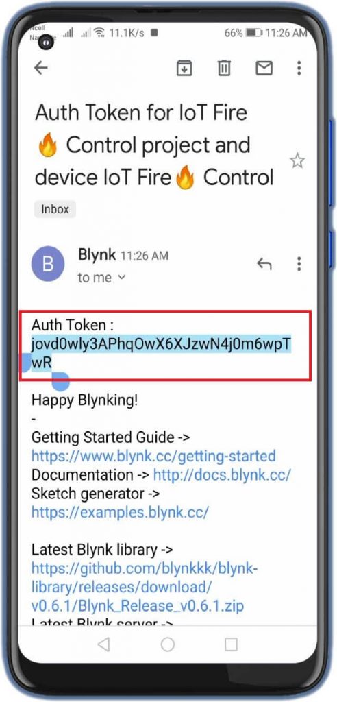 Blynk App configuration Auth Token For Program Code