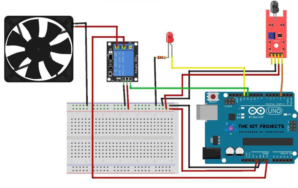 Circuit Diagram of Fire control system using arduino and flame sensor