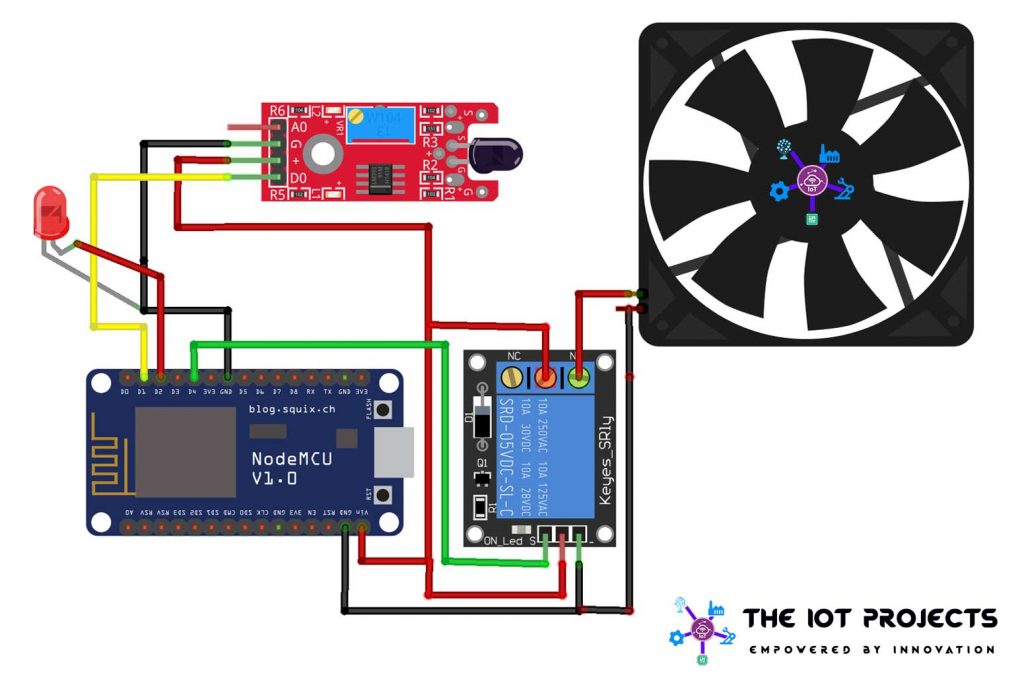 Circuit Diagram of IoT based Fire Detector & Automatic Extinguisher using NodeMCU