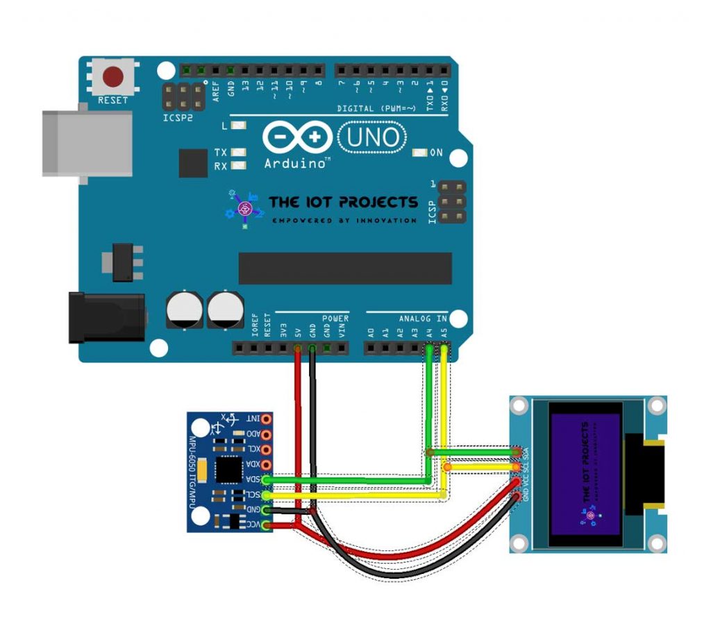 Circuit Diagram of Measure Pitch Roll and Yaw Angles Using MPU6050 and Arduino