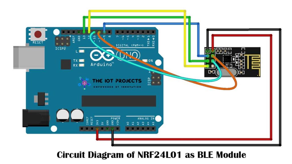 Circuiit Diagaram  of NRF24L01 Module as BLE Module using Arduino