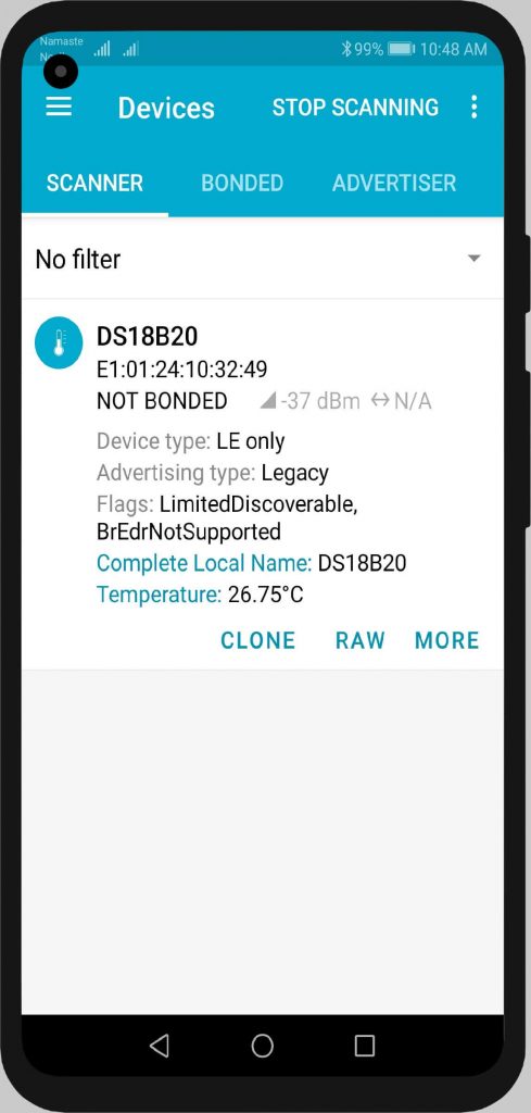 DS18B20 temperature monitoring on NRF Connect App