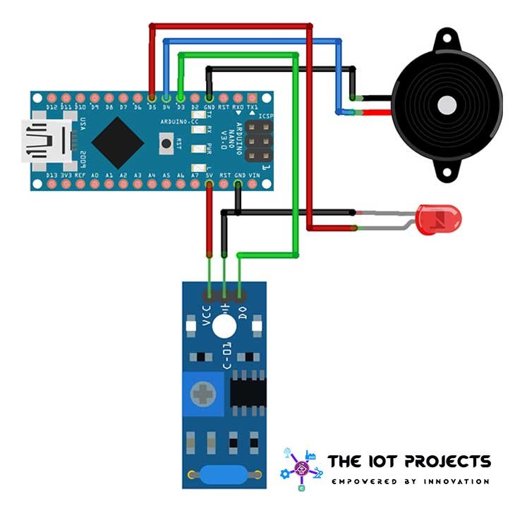 Circuit Diagram of Arduino Intruder Security Alert System using Vibration Sensor