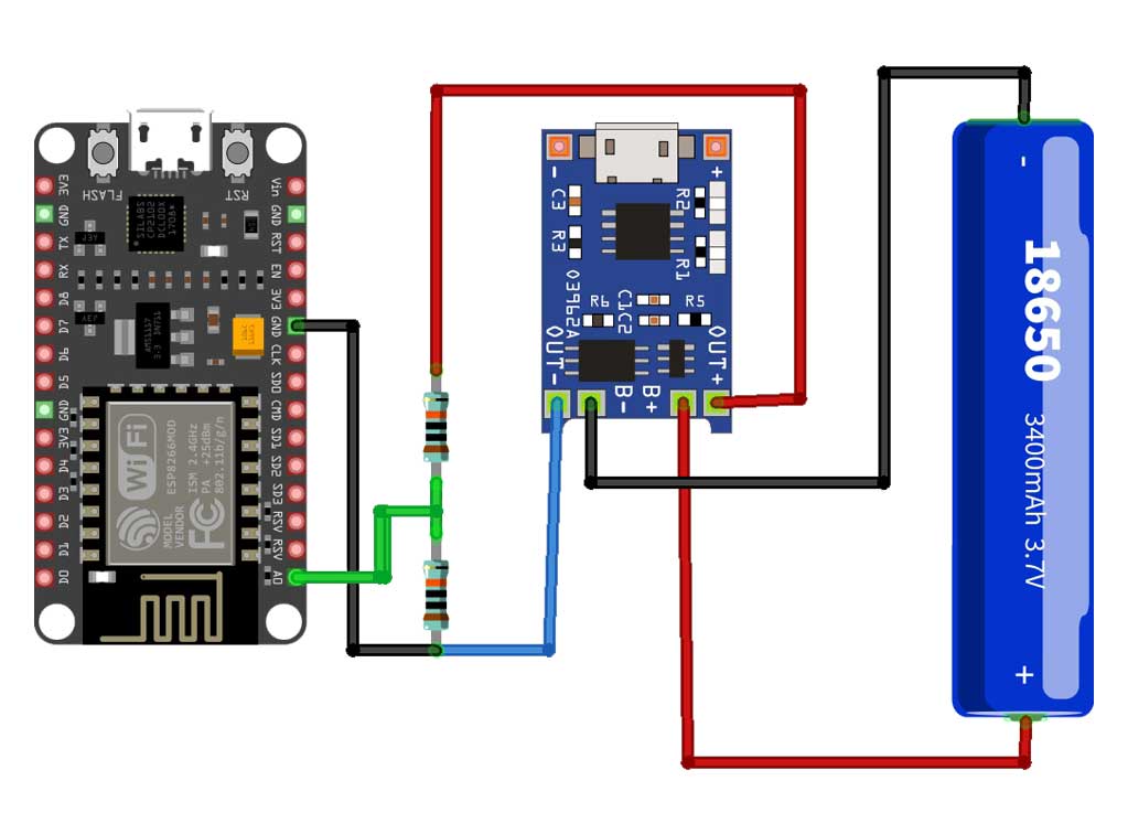 Circuit Diagram of IoT Based Battery Status Monitoring System using ESP8266 & Arduino IoT Cloud