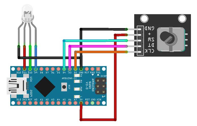 Circuit Diagram and connection of RGB LED Color Control using Arduino and Rotary Encoder