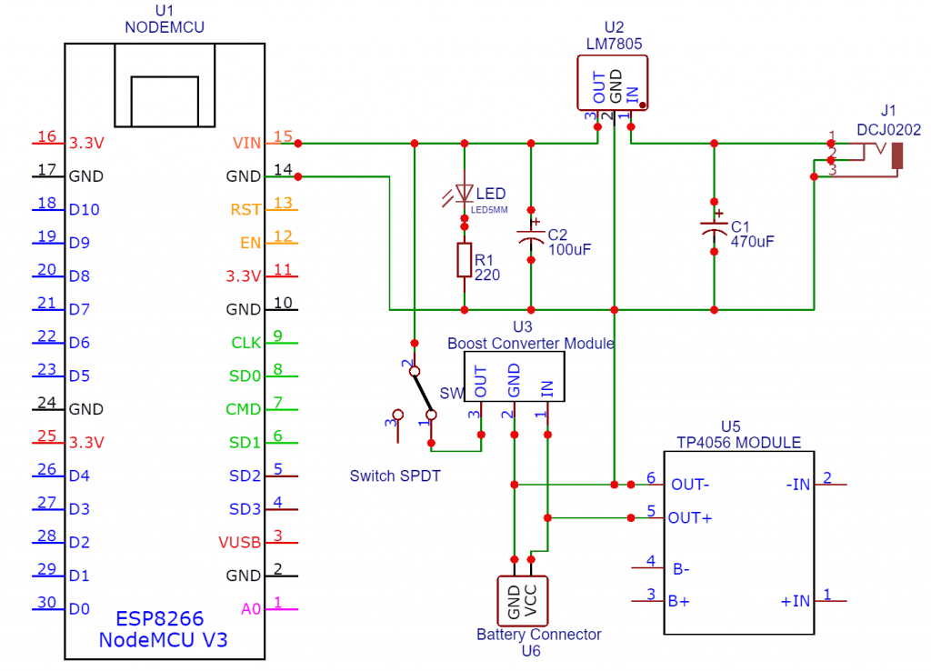 Power Supply for NodeMCU ESP8266 with Battery Charger & Boost Converter