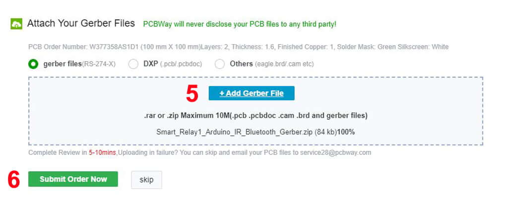 Order PCB from PCBWay by uploading gerber file