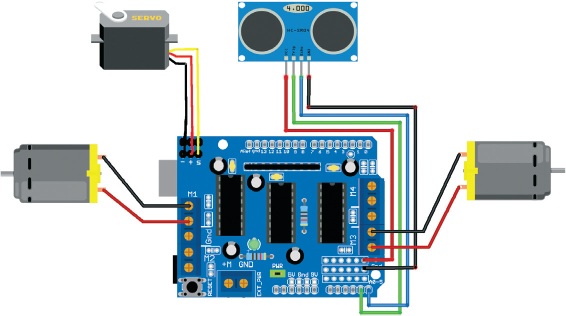 Circuit diagram of Obstacle Avoiding Robot using Arduino and Ultrasonic Sensor