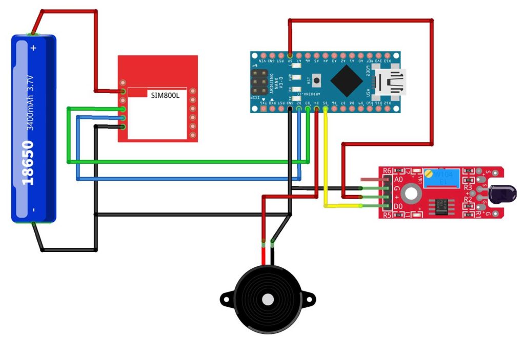 Circuit Diagram of GSM based Fire Alert System Using Arduino and Flame Detector Sensor