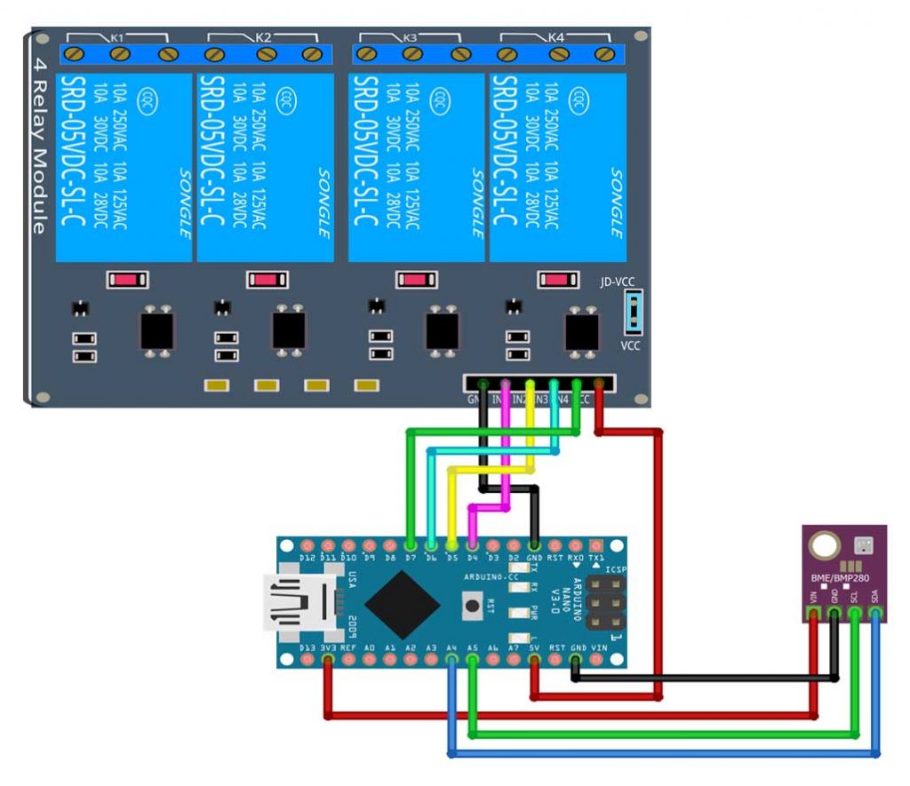 Interfacing BME280 sensor and relay to Arduino