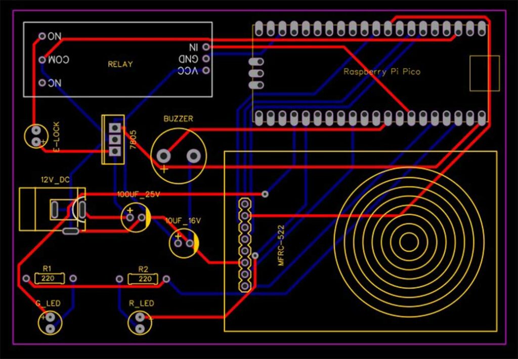 PCB For RFID Based Door Lock Control System using Raspberry Pi Pico