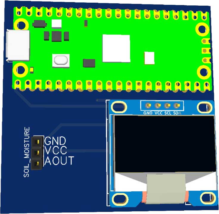 PCB for Raspberry Pi Pico based plant monitoring system using a capacitive soil moisture sensor and an OLED display