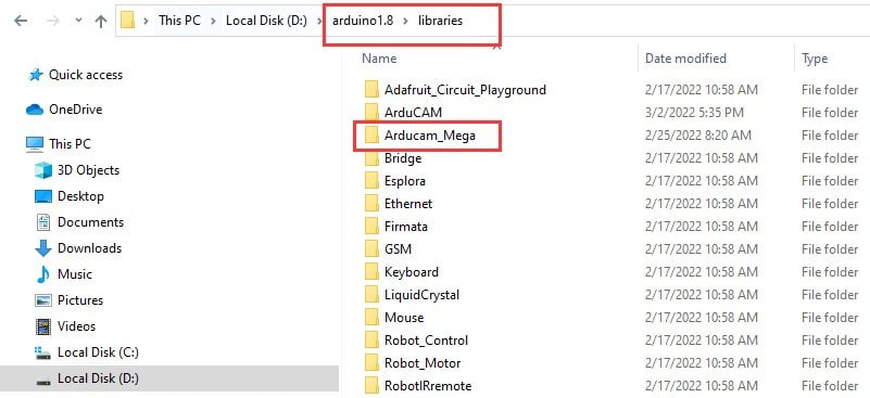 Arduino IDE Arducam Mega Library folder
