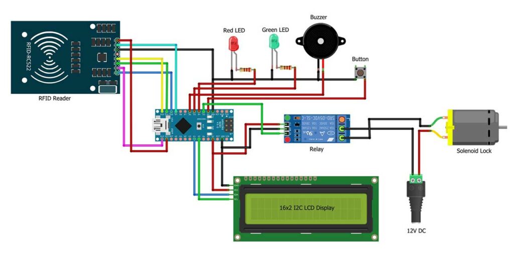 Circuit Diagram of Arduino RFID Master Card Door Lock with EEPROM