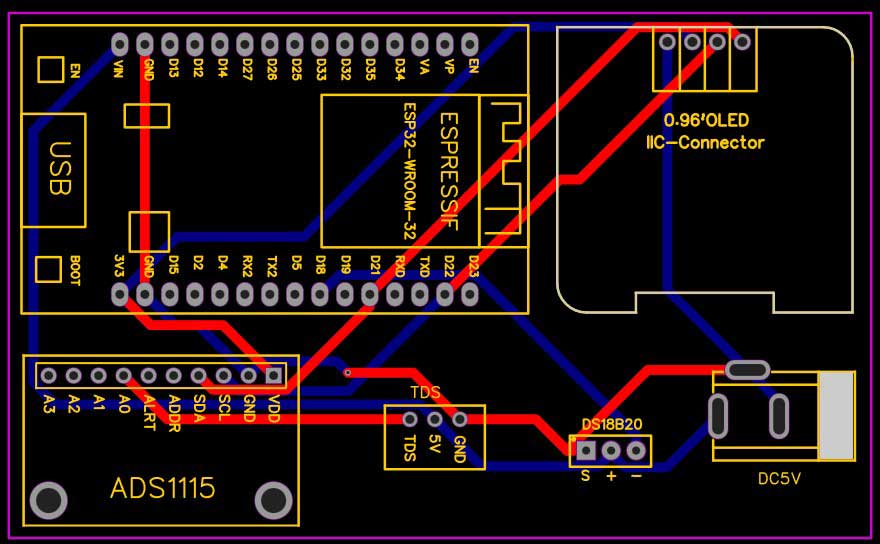 PCB of Water Quality Monitoring System using Arduino IoT and ESP32