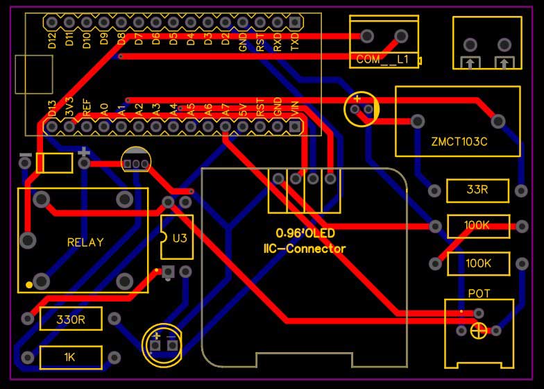 PCB of Overcurrent Protection Circuit using Arduino & CT Sensor