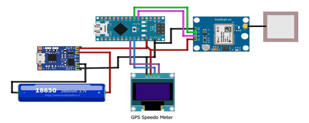 Circuit Diagram of Arduino Speedometer with Neo 6M GPS Module & OLED Display
